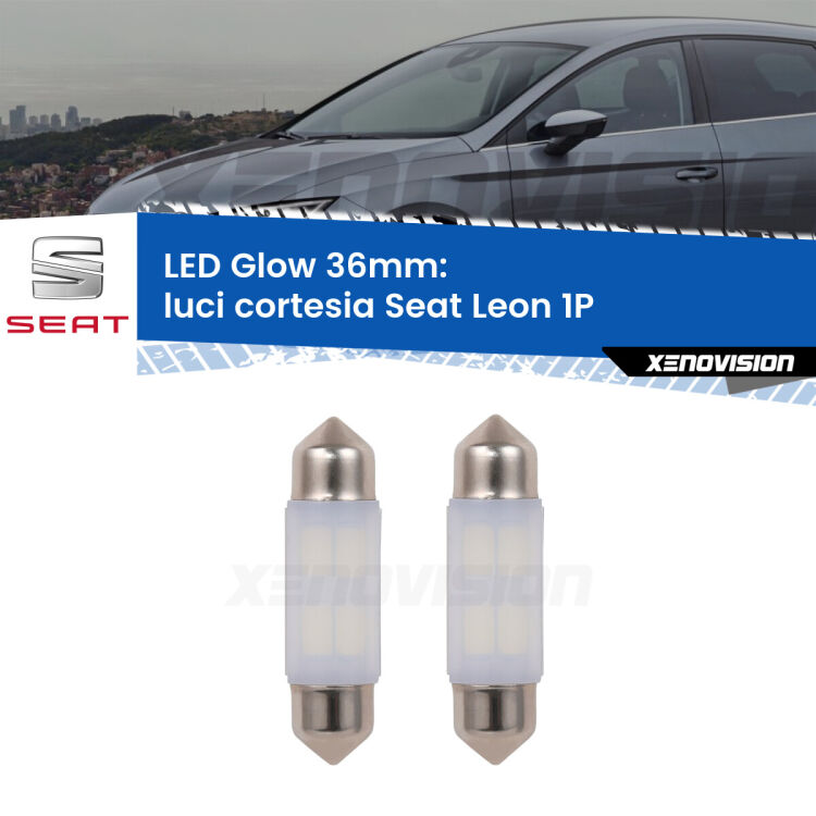 Luci Cortesia LED Seat Leon 1P 2005 - 2012: C5W Glow a Luce Calda (Coppia) <strong>Luci Cortesia LED luce calda per Seat Leon</strong> 1P 2005 - 2012. Coppia lampade <strong>C5W</strong> 36mm modello Glow di Xenovision.