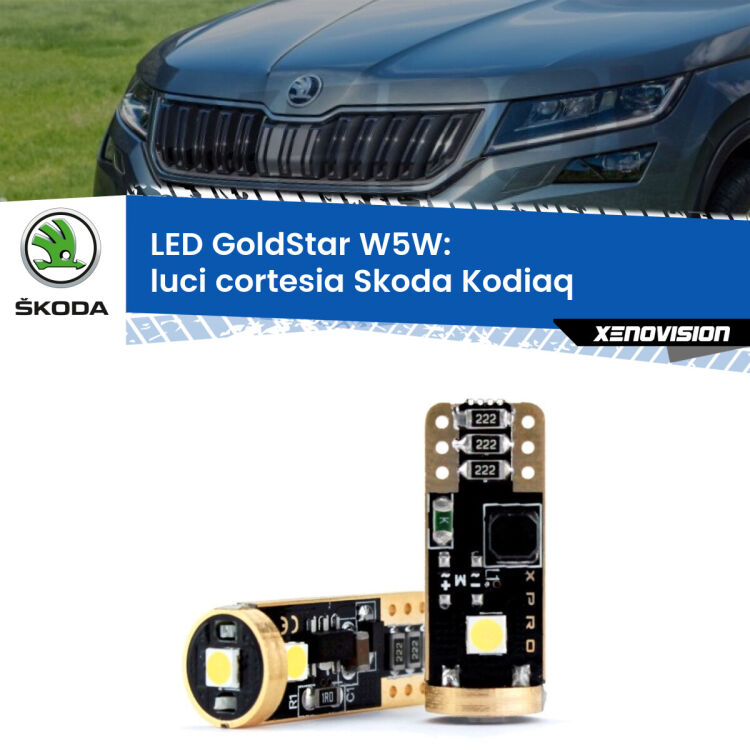 0 Luci Cortesia LED Skoda Kodiaq 2016 in poi: T10 GoldStar <strong>Luci Cortesia LED Skoda Kodiaq</strong> 2016 in poi: ottima luminosità a 360 gradi. Si inseriscono ovunque. Canbus, Top Quality.