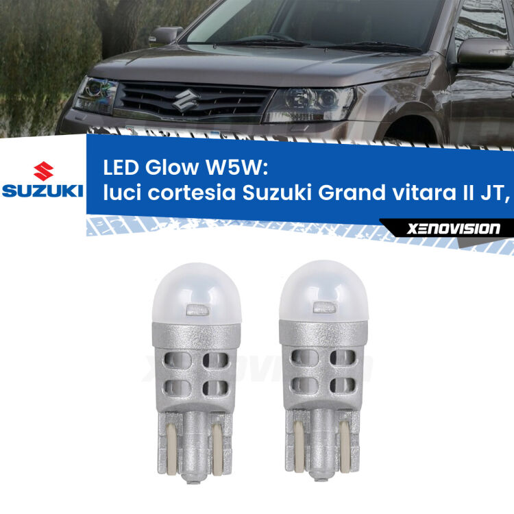 Luci Cortesia LED Suzuki Grand vitara II JT, TE, TD anteriori: W5W Glow a Luce Calda <strong>Luci Cortesia LED luce calda per Suzuki Grand vitara II</strong> JT, TE, TD anteriori. Coppia lampade <strong>W5W</strong> modello Glow di Xenovision.