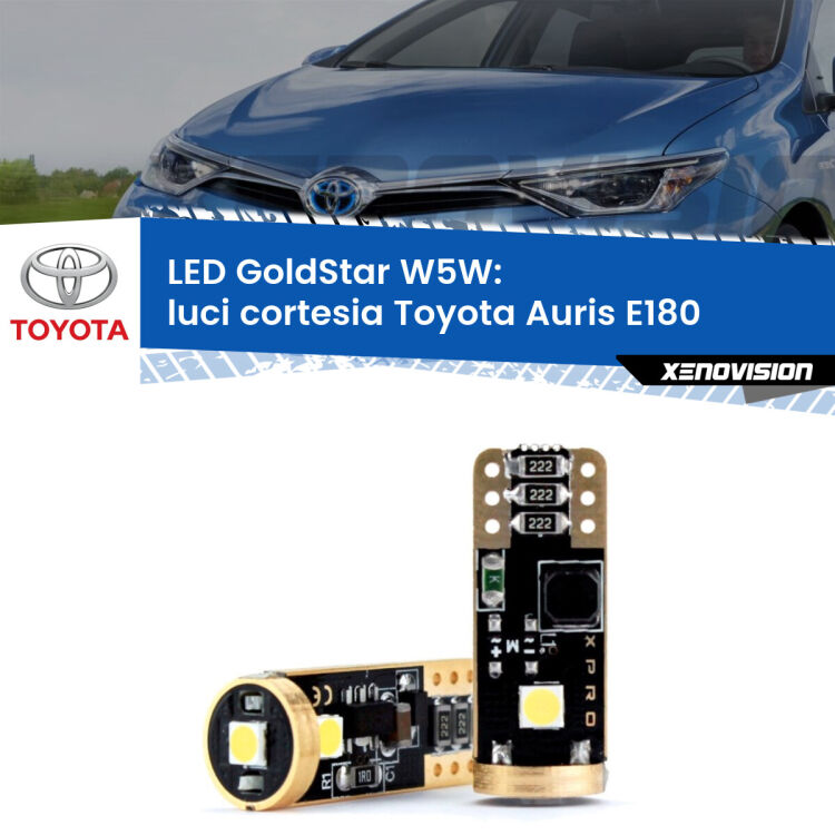 0 Luci Cortesia LED Toyota Auris E180 anteriori: T10 GoldStar <strong>Luci Cortesia LED Toyota Auris</strong> E180 anteriori: ottima luminosità a 360 gradi. Si inseriscono ovunque. Canbus, Top Quality.