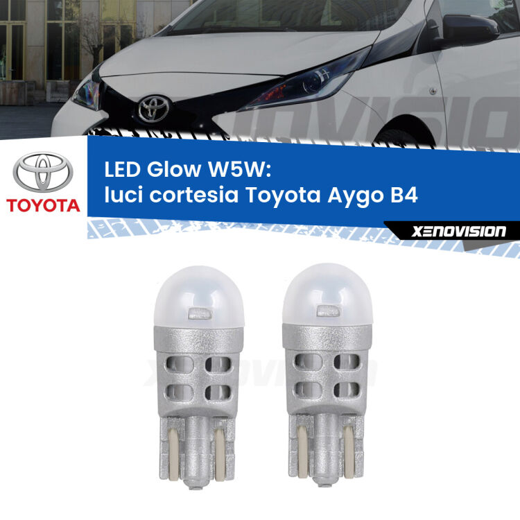 0 Luci Cortesia LED Toyota Aygo B4 2014 in poi: W5W Glow a Luce Calda <strong>Luci Cortesia LED luce calda per Toyota Aygo</strong> B4 2014 in poi. Coppia lampade <strong>W5W</strong> modello Glow di Xenovision.