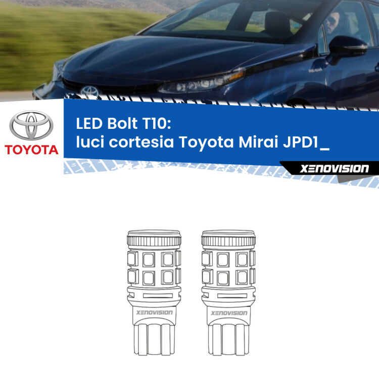 0 Luci Cortesia LED Toyota Mirai JPD1_ anteriori: T10 Bolt <strong>Luci Cortesia LED per Toyota Mirai</strong> JPD1_ anteriori. Coppia lampade <strong>T10</strong> modello Bolt canbus.