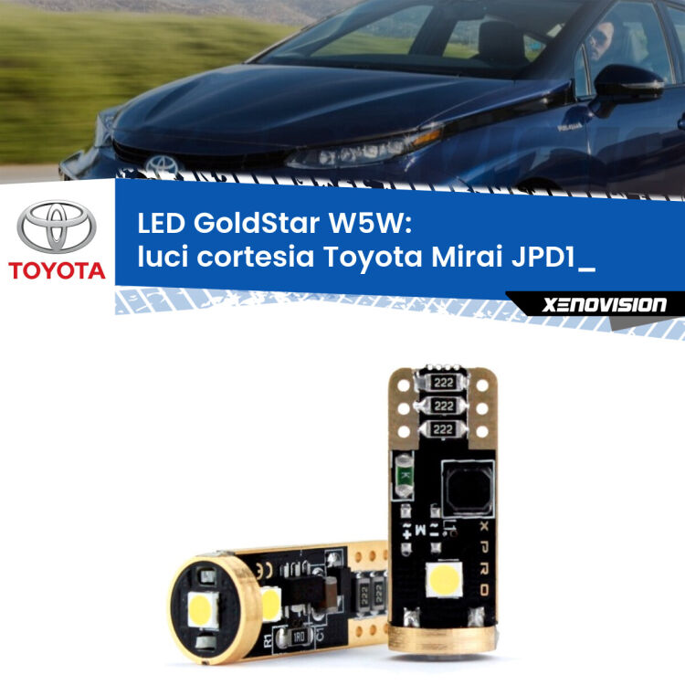 0 Luci Cortesia LED Toyota Mirai JPD1_ anteriori: T10 GoldStar <strong>Luci Cortesia LED Toyota Mirai</strong> JPD1_ anteriori: ottima luminosità a 360 gradi. Si inseriscono ovunque. Canbus, Top Quality.