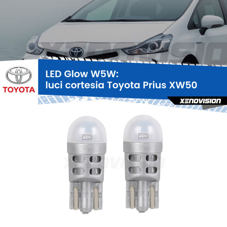 0 Luci Cortesia LED Toyota Prius XW50 anteriori: W5W Glow a Luce Calda <strong>Luci Cortesia LED luce calda per Toyota Prius</strong> XW50 anteriori. Coppia lampade <strong>W5W</strong> modello Glow di Xenovision.