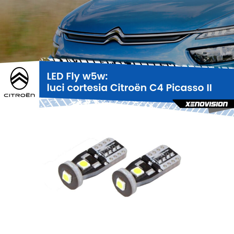 0 Luci Cortesia LED Versione 1 Citroën C4 Picasso II: W5W Fly <strong>luci cortesia LED per Citroën C4 Picasso</strong> II Versione 1. Coppia lampadine <strong>w5w</strong> Canbus compatte modello Fly Xenovision.