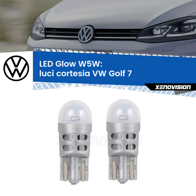 0 Luci Cortesia LED VW Golf 7 2012 - 2019: W5W Glow a Luce Calda <strong>Luci Cortesia LED luce calda per VW Golf 7</strong> 2012 - 2019. Coppia lampade <strong>W5W</strong> modello Glow di Xenovision.