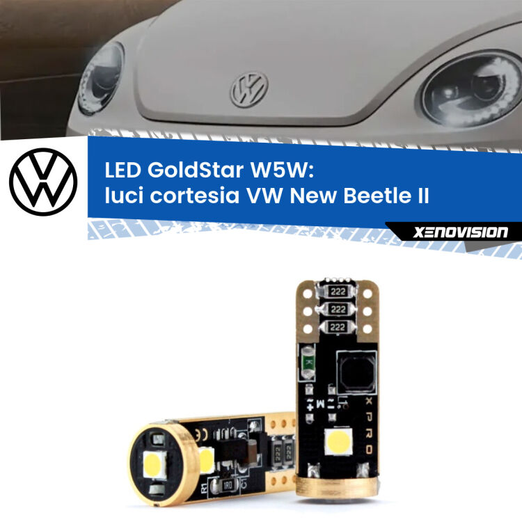 0 Luci Cortesia LED VW New Beetle II 2011 - 2019: T10 GoldStar <strong>Luci Cortesia LED VW New Beetle</strong> II 2011 - 2019: ottima luminosità a 360 gradi. Si inseriscono ovunque. Canbus, Top Quality.