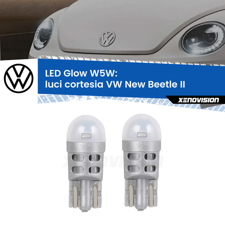 0 Luci Cortesia LED VW New Beetle II 2011 - 2019: W5W Glow a Luce Calda <strong>Luci Cortesia LED luce calda per VW New Beetle</strong> II 2011 - 2019. Coppia lampade <strong>W5W</strong> modello Glow di Xenovision.