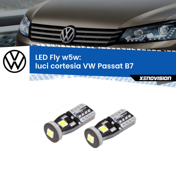 0 Luci Cortesia LED VW Passat B7 2010 - 2014: W5W Fly <strong>luci cortesia LED per VW Passat</strong> B7 2010 - 2014. Coppia lampadine <strong>w5w</strong> Canbus compatte modello Fly Xenovision.