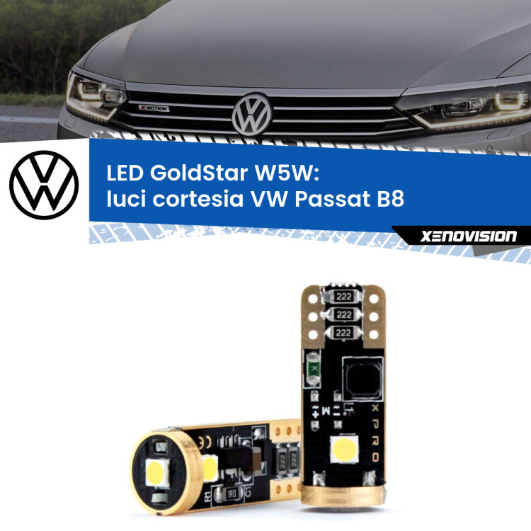 0 Luci Cortesia LED VW Passat B8 2014 - 2017: T10 GoldStar <strong>Luci Cortesia LED VW Passat</strong> B8 2014 - 2017: ottima luminosità a 360 gradi. Si inseriscono ovunque. Canbus, Top Quality.