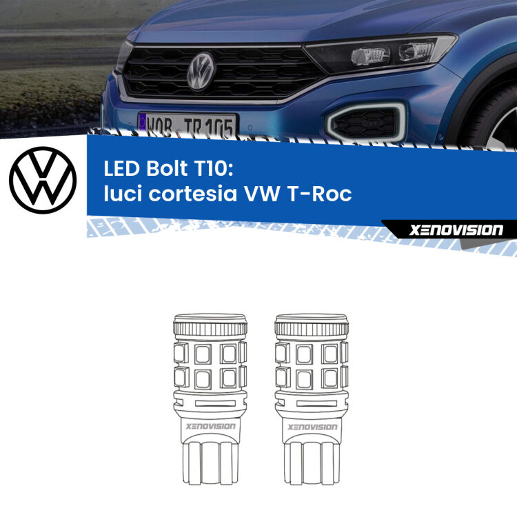 0 Luci Cortesia LED VW T-Roc 2017 in poi: T10 Bolt <strong>Luci Cortesia LED per VW T-Roc</strong> 2017 in poi. Coppia lampade <strong>T10</strong> modello Bolt canbus.