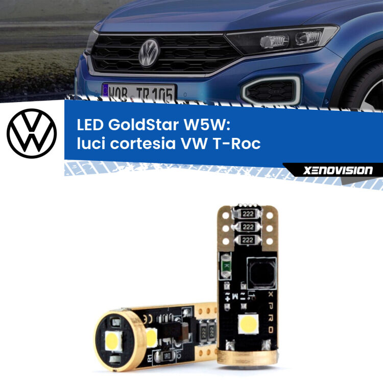 0 Luci Cortesia LED VW T-Roc 2017 in poi: T10 GoldStar <strong>Luci Cortesia LED VW T-Roc</strong> 2017 in poi: ottima luminosità a 360 gradi. Si inseriscono ovunque. Canbus, Top Quality.