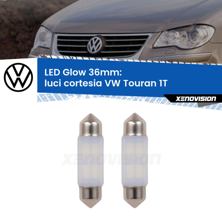 Luci Cortesia LED VW Touran 1T posteriori: C5W Glow a Luce Calda (Coppia) <strong>Luci Cortesia LED luce calda per VW Touran</strong> 1T posteriori. Coppia lampade <strong>C5W</strong> 36mm modello Glow di Xenovision.