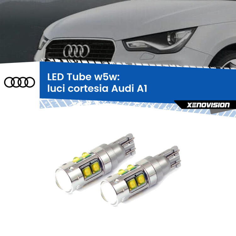 0 Luci Cortesia LED W5W Audi A1  2010 - 2018 W5W Tube <strong>Luci Cortesia LED 6000k per Audi A1</strong>  2010 - 2018. Lampadine <strong>W5W</strong> canbus modello Tube, luce bianco lunare, lunga durata e compatibilità.