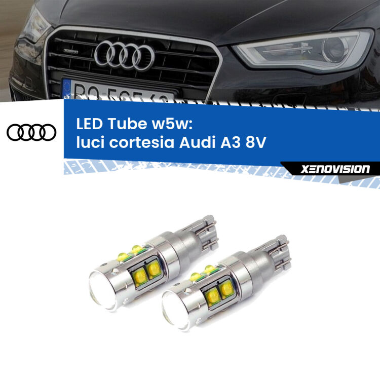 0 Luci Cortesia LED W5W Audi A3 8V 2013 - 2020 W5W Tube <strong>Luci Cortesia LED 6000k per Audi A3</strong> 8V 2013 - 2020. Lampadine <strong>W5W</strong> canbus modello Tube, luce bianco lunare, lunga durata e compatibilità.