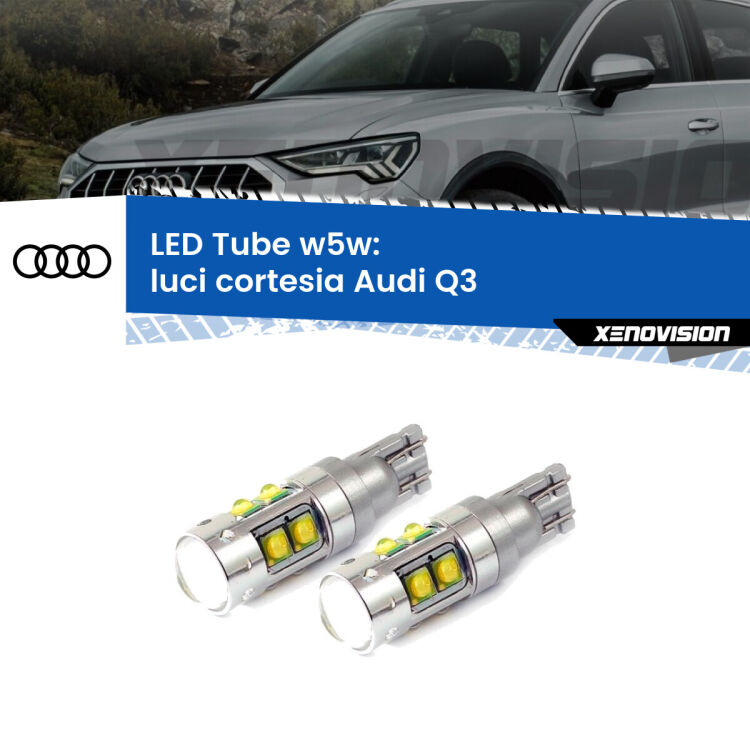 0 Luci Cortesia LED W5W Audi Q3 2011 - 2018 W5W Tube <strong>Luci Cortesia LED 6000k per Audi Q3</strong> 2011 - 2018. Lampadine <strong>W5W</strong> canbus modello Tube, luce bianco lunare, lunga durata e compatibilità.