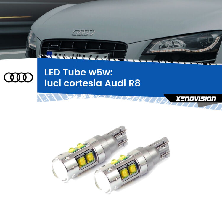 0 Luci Cortesia LED W5W Audi R8 2007 - 2015 W5W Tube <strong>Luci Cortesia LED 6000k per Audi R8</strong> 2007 - 2015. Lampadine <strong>W5W</strong> canbus modello Tube, luce bianco lunare, lunga durata e compatibilità.