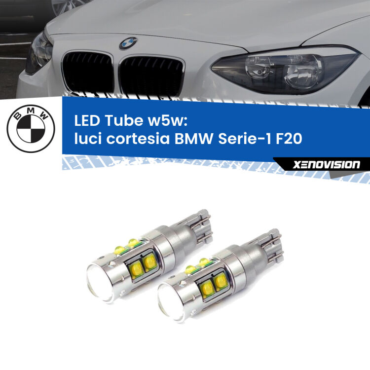 0 Luci Cortesia LED W5W BMW Serie-1 F20 2010 - 2019 W5W Tube <strong>Luci Cortesia LED 6000k per BMW Serie-1</strong> F20 2010 - 2019. Lampadine <strong>W5W</strong> canbus modello Tube, luce bianco lunare, lunga durata e compatibilità.