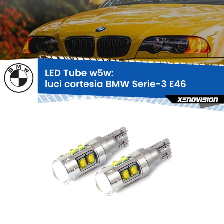 0 Luci Cortesia LED W5W BMW Serie-3 E46 centrali W5W Tube <strong>Luci Cortesia LED 6000k per BMW Serie-3</strong> E46 centrali. Lampadine <strong>W5W</strong> canbus modello Tube, luce bianco lunare, lunga durata e compatibilità.
