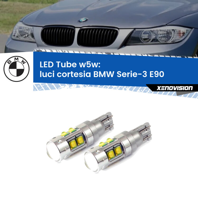 Luci Cortesia LED W5W BMW Serie-3 E90 2005 - 2011 W5W Tube <strong>Luci Cortesia LED 6000k per BMW Serie-3</strong> E90 2005 - 2011. Lampadine <strong>W5W</strong> canbus modello Tube, luce bianco lunare, lunga durata e compatibilità.