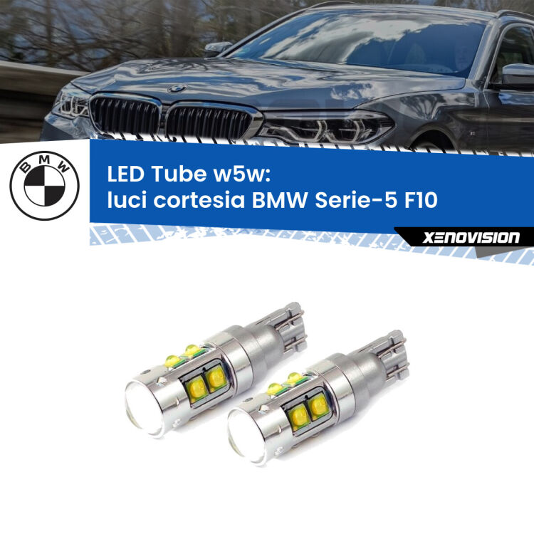 Luci Cortesia LED W5W BMW Serie-5 F10 2010 - 2016 W5W Tube <strong>Luci Cortesia LED 6000k per BMW Serie-5</strong> F10 2010 - 2016. Lampadine <strong>W5W</strong> canbus modello Tube, luce bianco lunare, lunga durata e compatibilità.
