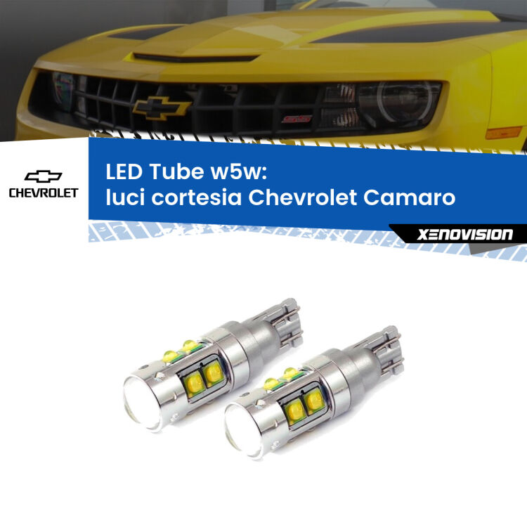 0 Luci Cortesia LED W5W Chevrolet Camaro  2011 - 2015 W5W Tube <strong>Luci Cortesia LED 6000k per Chevrolet Camaro</strong>  2011 - 2015. Lampadine <strong>W5W</strong> canbus modello Tube, luce bianco lunare, lunga durata e compatibilità.