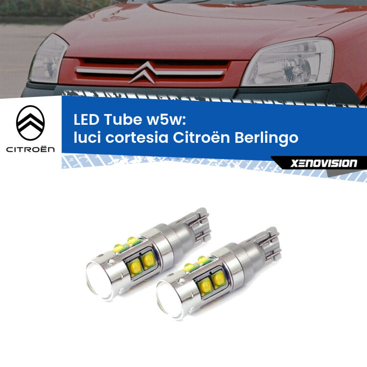 0 Luci Cortesia LED W5W Citroën Berlingo 1996 - 2007 W5W Tube <strong>Luci Cortesia LED 6000k per Citroën Berlingo</strong> 1996 - 2007. Lampadine <strong>W5W</strong> canbus modello Tube, luce bianco lunare, lunga durata e compatibilità.