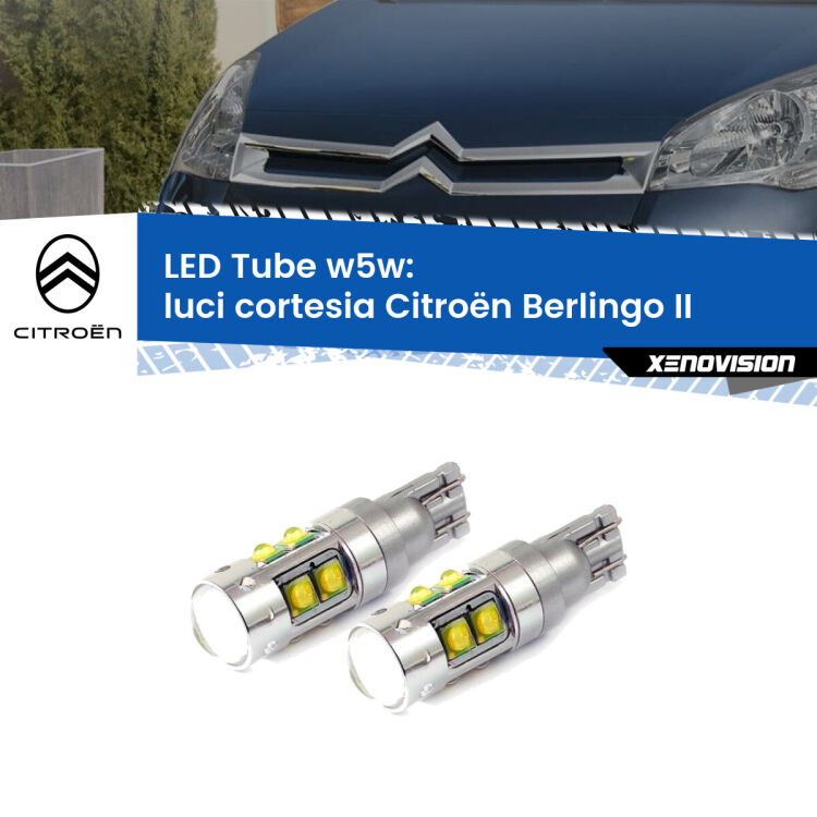 Luci Cortesia LED W5W Citroën Berlingo II 2008 - 2017 W5W Tube <strong>Luci Cortesia LED 6000k per Citroën Berlingo</strong> II 2008 - 2017. Lampadine <strong>W5W</strong> canbus modello Tube, luce bianco lunare, lunga durata e compatibilità.