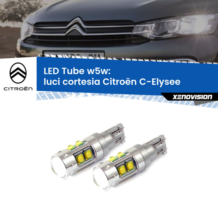 0 Luci Cortesia LED W5W Citroën C-Elysee  2012 in poi W5W Tube <strong>Luci Cortesia LED 6000k per Citroën C-Elysee</strong>  2012 in poi. Lampadine <strong>W5W</strong> canbus modello Tube, luce bianco lunare, lunga durata e compatibilità.