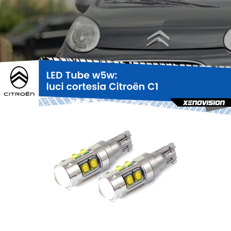 0 Luci Cortesia LED W5W Citroën C1 2005 - 2013 W5W Tube <strong>Luci Cortesia LED 6000k per Citroën C1</strong> 2005 - 2013. Lampadine <strong>W5W</strong> canbus modello Tube, luce bianco lunare, lunga durata e compatibilità.