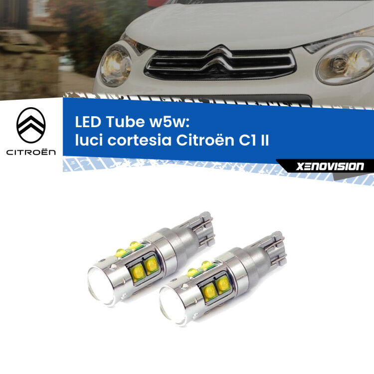 0 Luci Cortesia LED W5W Citroën C1 II 2014 in poi W5W Tube <strong>Luci Cortesia LED 6000k per Citroën C1</strong> II 2014 in poi. Lampadine <strong>W5W</strong> canbus modello Tube, luce bianco lunare, lunga durata e compatibilità.