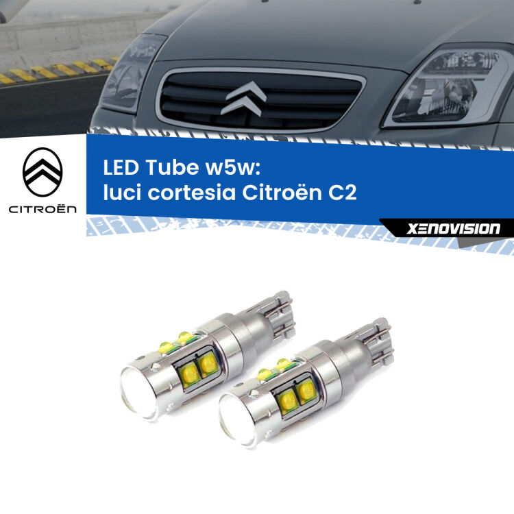0 Luci Cortesia LED W5W Citroën C2 2003 - 2009 W5W Tube <strong>Luci Cortesia LED 6000k per Citroën C2</strong> 2003 - 2009. Lampadine <strong>W5W</strong> canbus modello Tube, luce bianco lunare, lunga durata e compatibilità.