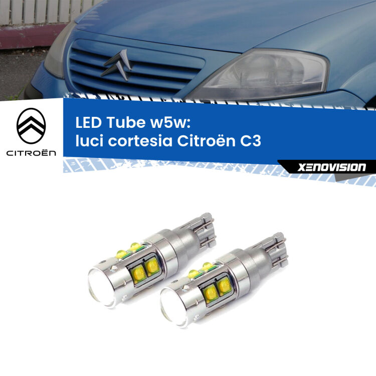 0 Luci Cortesia LED W5W Citroën C3 2002 - 2009 W5W Tube <strong>Luci Cortesia LED 6000k per Citroën C3</strong> 2002 - 2009. Lampadine <strong>W5W</strong> canbus modello Tube, luce bianco lunare, lunga durata e compatibilità.