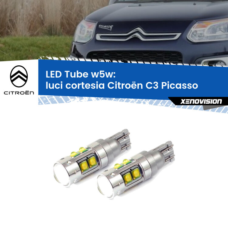 0 Luci Cortesia LED W5W Citroën C3 Picasso 2009 - 2016 W5W Tube <strong>Luci Cortesia LED 6000k per Citroën C3 Picasso</strong> 2009 - 2016. Lampadine <strong>W5W</strong> canbus modello Tube, luce bianco lunare, lunga durata e compatibilità.