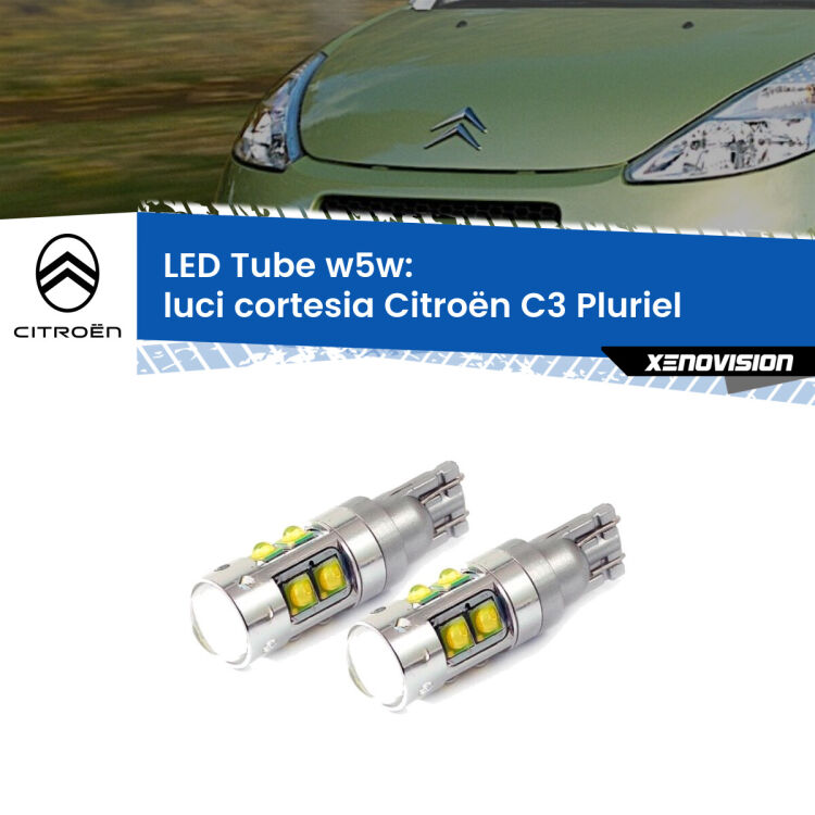 0 Luci Cortesia LED W5W Citroën C3 Pluriel  2003 - 2010 W5W Tube <strong>Luci Cortesia LED 6000k per Citroën C3 Pluriel</strong>  2003 - 2010. Lampadine <strong>W5W</strong> canbus modello Tube, luce bianco lunare, lunga durata e compatibilità.