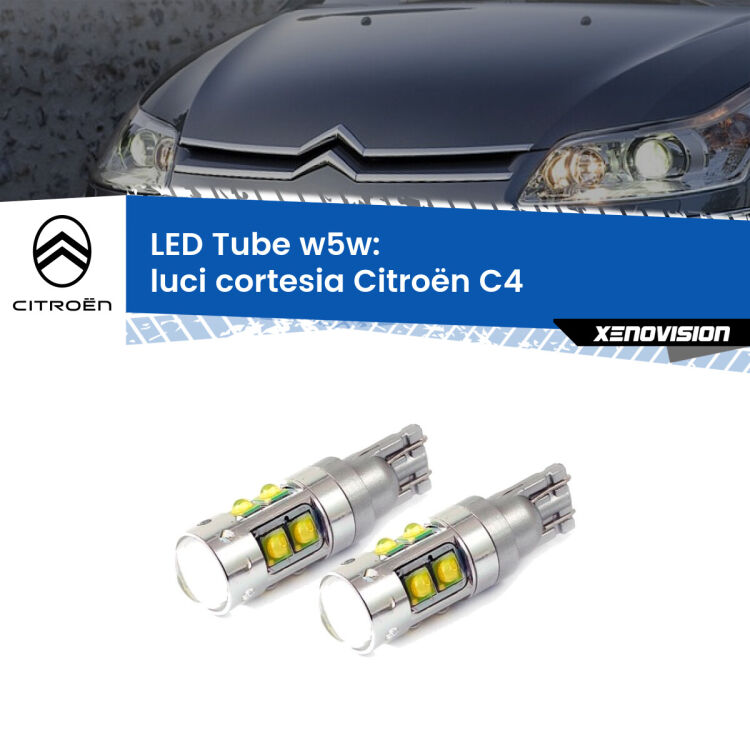 0 Luci Cortesia LED W5W Citroën C4 2004 - 2011 W5W Tube <strong>Luci Cortesia LED 6000k per Citroën C4</strong> 2004 - 2011. Lampadine <strong>W5W</strong> canbus modello Tube, luce bianco lunare, lunga durata e compatibilità.