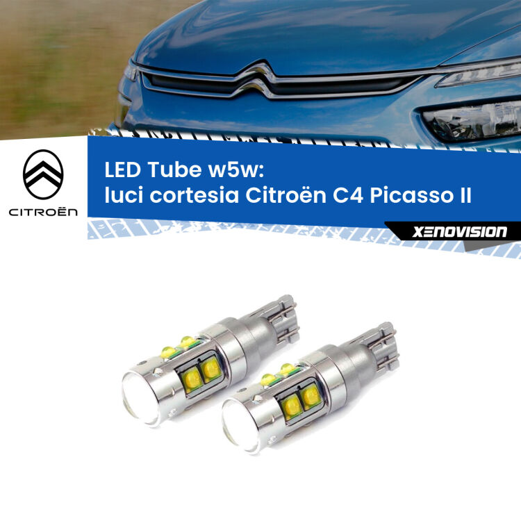 Luci Cortesia LED W5W Citroën C4 Picasso II Versione 1 W5W Tube <strong>Luci Cortesia LED 6000k per Citroën C4 Picasso</strong> II Versione 1. Lampadine <strong>W5W</strong> canbus modello Tube, luce bianco lunare, lunga durata e compatibilità.
