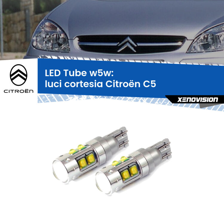 0 Luci Cortesia LED W5W Citroën C5 2001 - 2004 W5W Tube <strong>Luci Cortesia LED 6000k per Citroën C5</strong> 2001 - 2004. Lampadine <strong>W5W</strong> canbus modello Tube, luce bianco lunare, lunga durata e compatibilità.