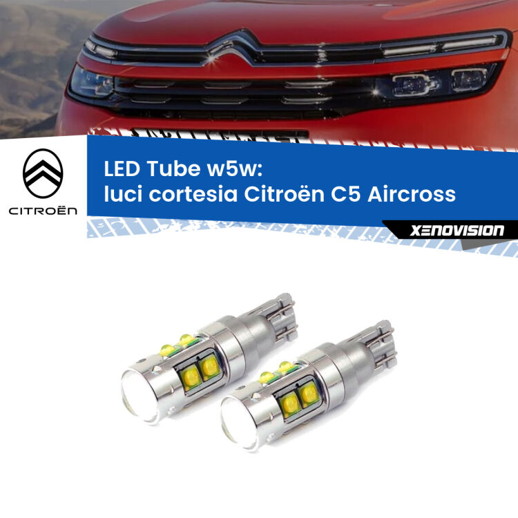 0 Luci Cortesia LED W5W Citroën C5 Aircross 2017 in poi W5W Tube <strong>Luci Cortesia LED 6000k per Citroën C5 Aircross</strong> 2017 in poi. Lampadine <strong>W5W</strong> canbus modello Tube, luce bianco lunare, lunga durata e compatibilità.