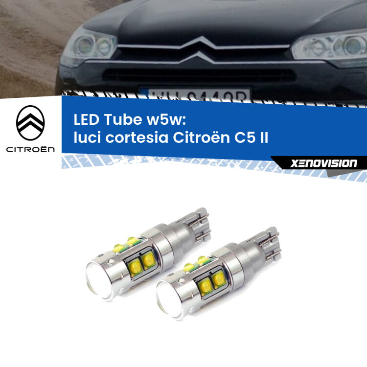 Luci Cortesia LED W5W Citroën C5 II 2008 - 2014 W5W Tube <strong>Luci Cortesia LED 6000k per Citroën C5</strong> II 2008 - 2014. Lampadine <strong>W5W</strong> canbus modello Tube, luce bianco lunare, lunga durata e compatibilità.