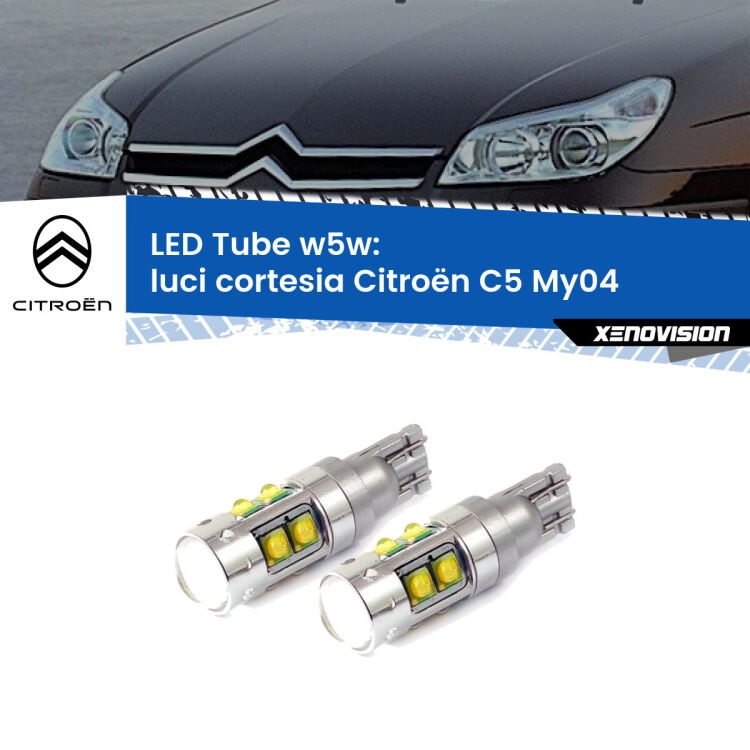 0 Luci Cortesia LED W5W Citroën C5 My04 2004 - 2008 W5W Tube <strong>Luci Cortesia LED 6000k per Citroën C5</strong> My04 2004 - 2008. Lampadine <strong>W5W</strong> canbus modello Tube, luce bianco lunare, lunga durata e compatibilità.