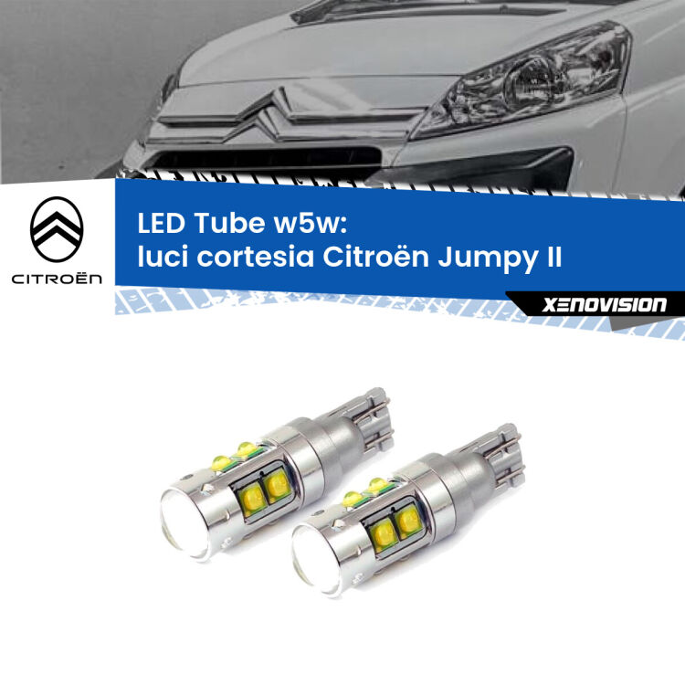 0 Luci Cortesia LED W5W Citroën Jumpy II 2006 - 2015 W5W Tube <strong>Luci Cortesia LED 6000k per Citroën Jumpy</strong> II 2006 - 2015. Lampadine <strong>W5W</strong> canbus modello Tube, luce bianco lunare, lunga durata e compatibilità.