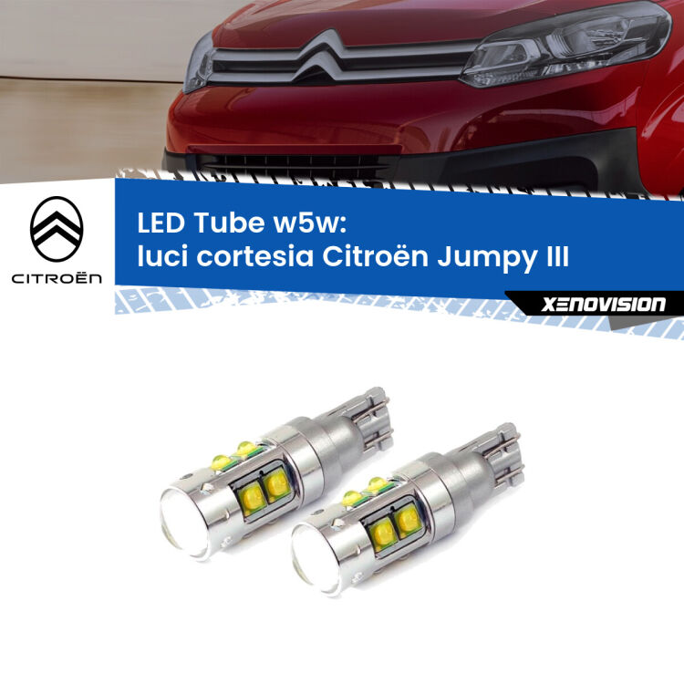 0 Luci Cortesia LED W5W Citroën Jumpy III 2016 in poi W5W Tube <strong>Luci Cortesia LED 6000k per Citroën Jumpy</strong> III 2016 in poi. Lampadine <strong>W5W</strong> canbus modello Tube, luce bianco lunare, lunga durata e compatibilità.