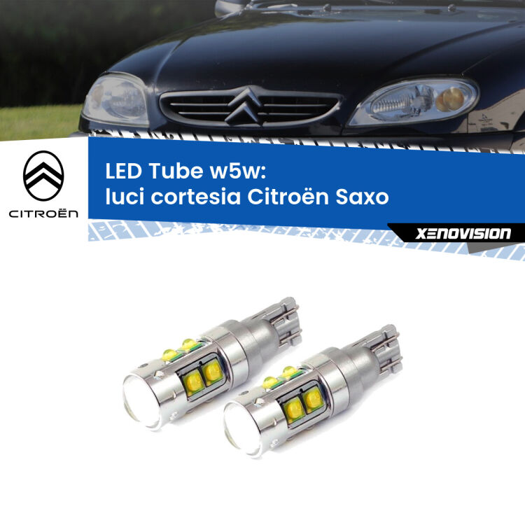 0 Luci Cortesia LED W5W Citroën Saxo 1996 - 2004 W5W Tube <strong>Luci Cortesia LED 6000k per Citroën Saxo</strong> 1996 - 2004. Lampadine <strong>W5W</strong> canbus modello Tube, luce bianco lunare, lunga durata e compatibilità.
