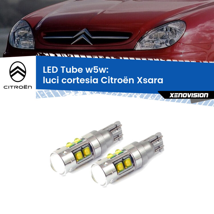Luci Cortesia LED W5W Citroën Xsara 1997 - 2005 W5W Tube <strong>Luci Cortesia LED 6000k per Citroën Xsara</strong> 1997 - 2005. Lampadine <strong>W5W</strong> canbus modello Tube, luce bianco lunare, lunga durata e compatibilità.
