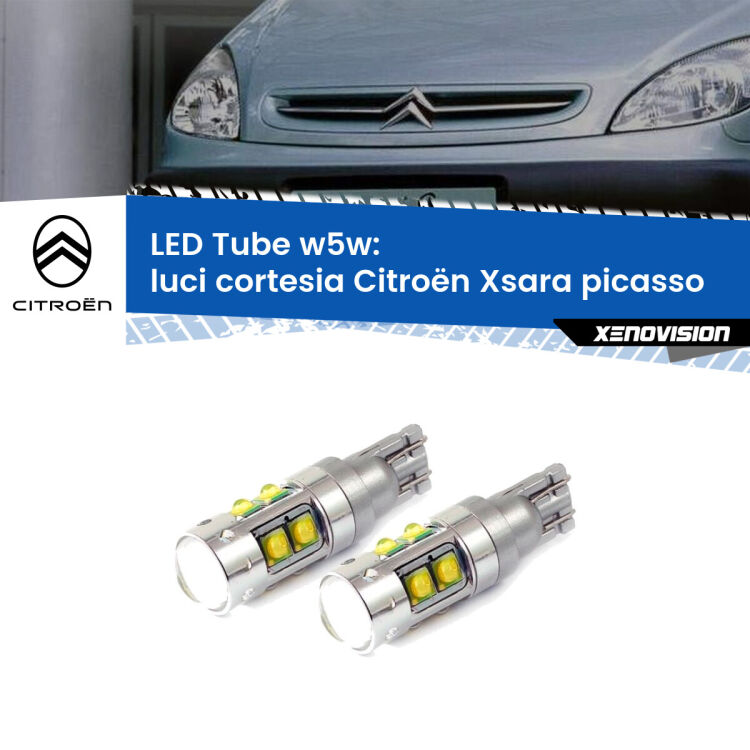 Luci Cortesia LED W5W Citroën Xsara picasso  1999 - 2012 W5W Tube <strong>Luci Cortesia LED 6000k per Citroën Xsara picasso</strong>  1999 - 2012. Lampadine <strong>W5W</strong> canbus modello Tube, luce bianco lunare, lunga durata e compatibilità.