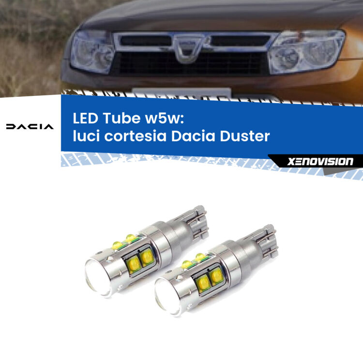 0 Luci Cortesia LED W5W Dacia Duster  2010 - 2016 W5W Tube <strong>Luci Cortesia LED 6000k per Dacia Duster</strong>  2010 - 2016. Lampadine <strong>W5W</strong> canbus modello Tube, luce bianco lunare, lunga durata e compatibilità.