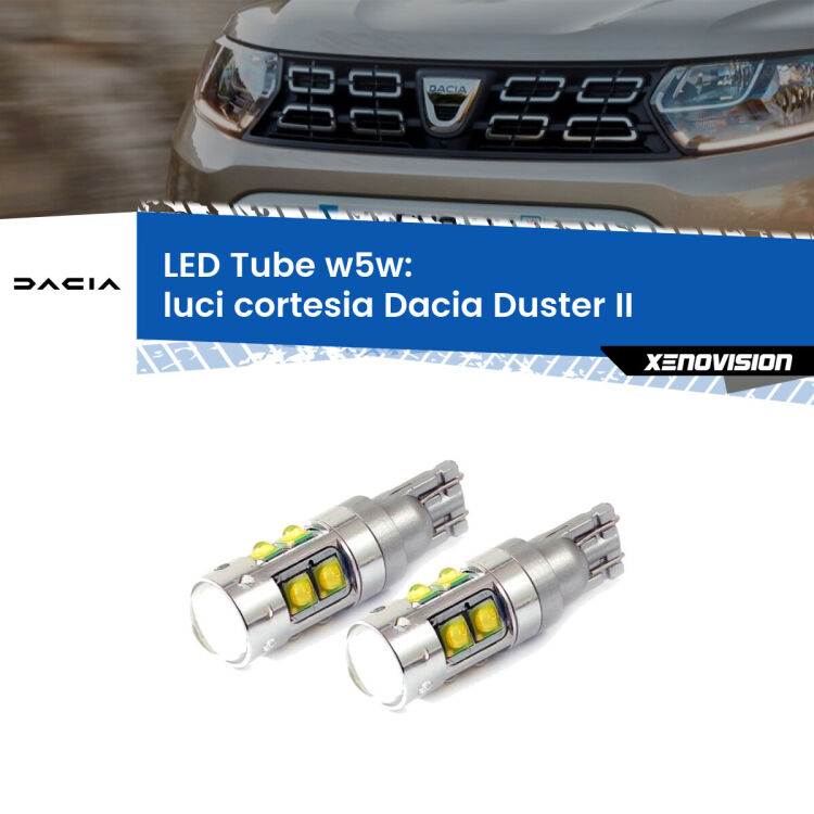 0 Luci Cortesia LED W5W Dacia Duster II 2017 in poi W5W Tube <strong>Luci Cortesia LED 6000k per Dacia Duster</strong> II 2017 in poi. Lampadine <strong>W5W</strong> canbus modello Tube, luce bianco lunare, lunga durata e compatibilità.