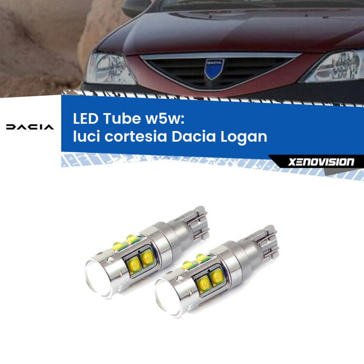 0 Luci Cortesia LED W5W Dacia Logan 2004 - 2011 W5W Tube <strong>Luci Cortesia LED 6000k per Dacia Logan</strong> 2004 - 2011. Lampadine <strong>W5W</strong> canbus modello Tube, luce bianco lunare, lunga durata e compatibilità.