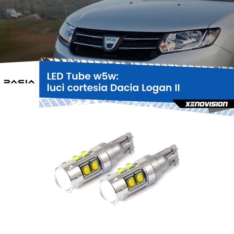 Luci Cortesia LED W5W Dacia Logan II 2012 in poi W5W Tube <strong>Luci Cortesia LED 6000k per Dacia Logan</strong> II 2012 in poi. Lampadine <strong>W5W</strong> canbus modello Tube, luce bianco lunare, lunga durata e compatibilità.